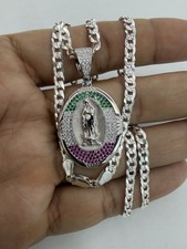 virgen de guadalupe pendant 925 Silver With 24” Inch Cuban Chain picture