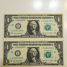 2x 2021 $1 **SEQUENTIAL** Federal Reserve Notes Uncirculated Banknotes picture