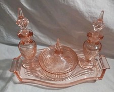 Vintage Tiffin Depression Glass Milady Pink Vanity Set Bottles Powder Dish Tray picture