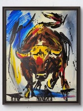 Original 14x11 Expressionist Charging Bull Abstract Painting Signed Canvas picture