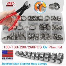 100/260Pcs Stainless Steel Stepless Hose Clamps Single Ear or Crimping Plier Kit picture
