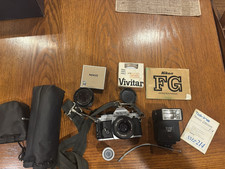 Vintage Nikon FG  35mm SLR Film Camera w/ 50 mm 1.8 Lens w Flash & EXTRAS picture
