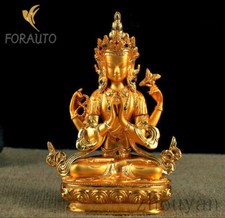 BLESSED TIBETAN BUDDHA BODHISATTVA GOLD GILT STATUE: FOUR ARMS AVALOKITESVARA = picture