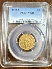 1856-S Three Dollar Indian Gold Coin $3 - Certified PCGS VF10- Rare S Mint picture