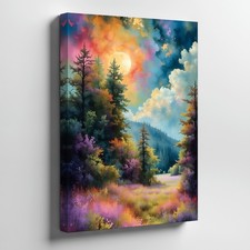 Colorful Forest Landscape Canvas Wall Art With Sunset Sky And Wildflowers Home picture