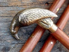 Antique Solid Brass Crow Head Handle Vintage Victorian Wooden Walking Stick Cane picture