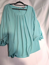 NY Collection Women’s Blue Solid Pleated Scoop Neck 3/4 Sleeve Blouse XL picture