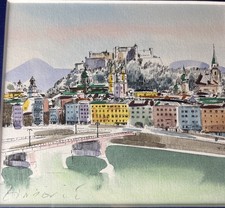 Framed Igor Zindovic Watercolor Painting Salzburg Austria Hohensalzburg 8.5” picture