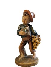 Vintage Anri Style Polychrome Wooden Hand Carved Boy w Wine Grapes Figurine 7