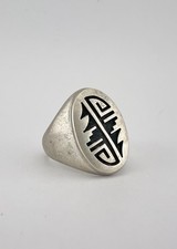 Vintage Hopi Heavy Sterling Silver Tribal Overlay Design Oval Men's Ring picture