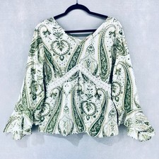 Vintage y2k Cottagecore Top Womens XL Green Cotton Paisley Fairy Boho picture