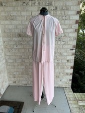 Vintage 60s 70s San Souci 3 Pc Pajama Set Pink Nylon Lace Peignoir Robe Pants S picture