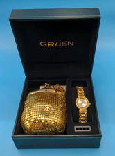 Gruen Women's Watch 18MM Gray Dial Gold Tone Bracelet Wrist Matching Purse picture