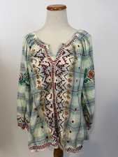A & A cotton plaid embroidered peasant top Women's L picture