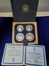 VTG 1976 Olympic Montreal Silver 4 Coin Set W/ Original Wood & Leather Box W/COA picture