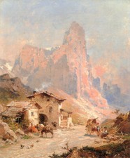 Oil painting Figures-in-A-Village-in-the-Dolomites-Franz-Richard-Unterberger-art picture
