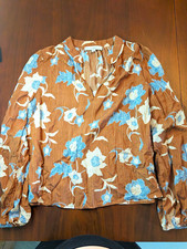 LOFT Floral V-Neck Long Sleeve Pullover Blouse - Brown Blue White, M picture