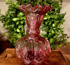 Vintage Fenton Cranberry Glass Diamond Optic Melon Vase 5