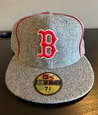 DEADSTOCK RETRO New Era 59FIFTY Boston Red Sox MLB Wool Cap Hat Gray/Red 7 3/8 picture