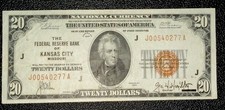 1929 $20 Federal Reserve Bank Note Kansas City Missouri FR-1870-J Brown Seal picture