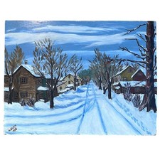 Original Winter Landscape Oil Painting on Board 18x24 Vintage 50's MCM Folk Art picture