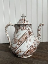 Rare Antique Aesthetic Period Brown Transferware Teapot Chinoiserie picture