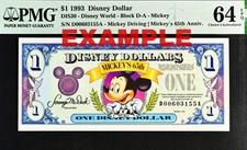 1993 $1 DISNEY DOLLAR Mickey Driving Mickey's 65th Anniv.  PMG 64 EPQ picture