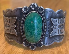 Vtg Fred Harvey Navajo Sterling Silver Green Turquoise Thunderbird Cuff Bracelet picture