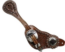 Showman Men's Tooled Leather Spur Straps w/ Silver Engraved Barbed Wire Conchos picture