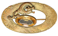 George Steere, Antique Art Nouveau Dragon Brooch, Amber Glass Oval, C-Clasp, GNS picture