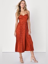 NWT Lulus Regal Romance Rust Floral Jacquard Pleated Satin Midi Dress Medium picture
