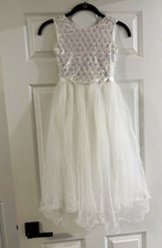 Grace Karin Girls 8 White Fit & Flare Sequin Tulle Dress Sleeveless Bow picture