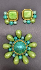 Vintage Dominique Aurientis Brooch and Earrings in Turquoise / Lime Green Pearls picture