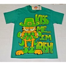 Vintage Garfield T-Shirt 80s Kiss Me Im Irish Single Stitch Mens L  Stain Sleeve picture
