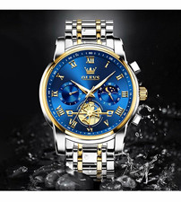 OLEVS Men's Dress 42mm Chronograph Watch Quartz Blue Dial Two-Tone Bracelet picture