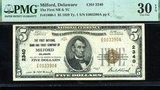 1929 $5 THE 1ST NB MILFORD DE P.M.G #30EPQ picture