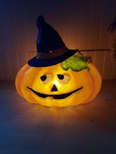 VTG Hard Halloween Pumpkin  Jack-O-Lantern w Witch Hat & Black Cats picture