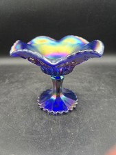 Imperial Glass Cobalt Blue Diamond Lace Iridescent Carnival Pedestal Candy Dish picture