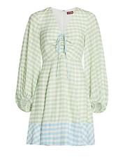 STAUD NWT $295 Olivier Gingham Check Print Bow Lined Mini Dress Size 10 picture