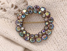 Vintage Aurora Borealis Rhinestone Brooch, Round Statement Pin, Mid Century picture