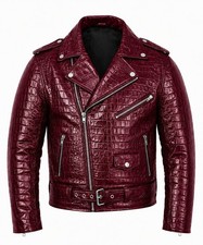 Luxury Crocodile Embossed Men's Brando Motorbike Genuine Leather Jacket Burgundy picture