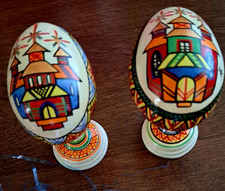 Vintage Hand Painted Wooden Easter Egg On Stand Russian Folk Art  Set of 2 picture