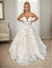Strapless White/Beige Lace Appliqué Tulle Ball Gown Wedding Dress 8 picture