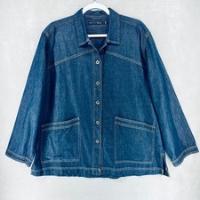 Gudrun Sjoden Denim Jacket Womens L Blue Cotton Button Up 3/4 Sleeve Swing Coat picture