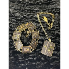 Amita Japan Damascene Bracelet Necklace Set Gold Silver Inlay Bamboo Vintage picture