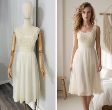 VTG 60s Shadowline Size 34 Small Nightie Nightgown Slip Double Nylon Lace Ivory picture