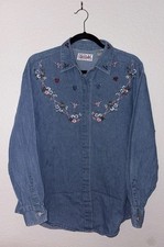 Vintage 90s Women’s Denim Floral Embroidered Shirt by Bill Blass, Size M picture