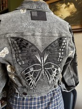 UPCYCLED Women’s XS/S Gray Denim Cropped Jacket | One-of-a-Kind Butterfly Whimsy picture