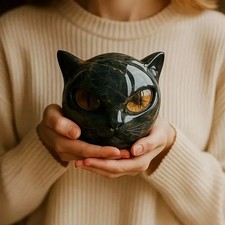 Black Cat Head Sculpture Statue Marble Look Figurine Home Decor Gift Shelf Art picture
