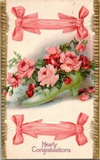 Vintage Embossed Hearty Congratulations Floral Shoe Roses Postcard picture